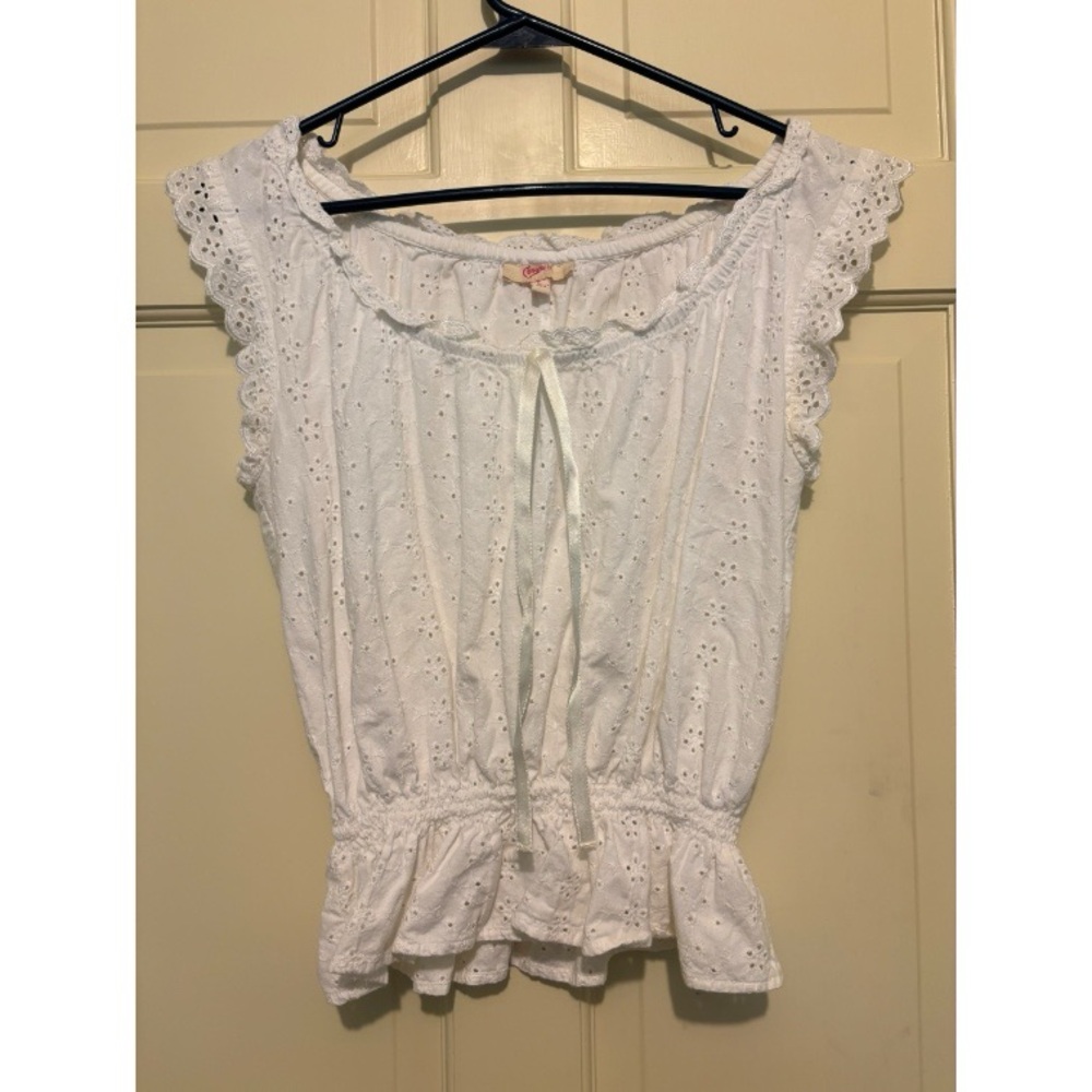Candies white eyelet Lace ruffle sleeveless blouse tank top size large elegant